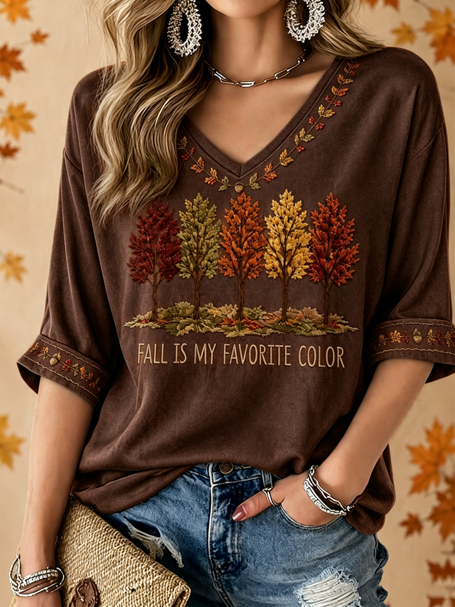 Women's Fall Is My Favorite Color Printed Mid-length Sleeves V-Neck T-Shirt