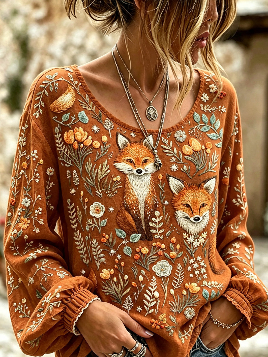 Women's autumn plant flower element printed casual cotton-linen shirt