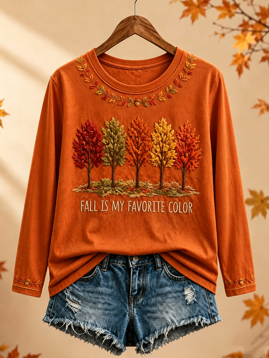 Women's Fall Is My Favorite Color Printed Round neck long sleeve T-shirt