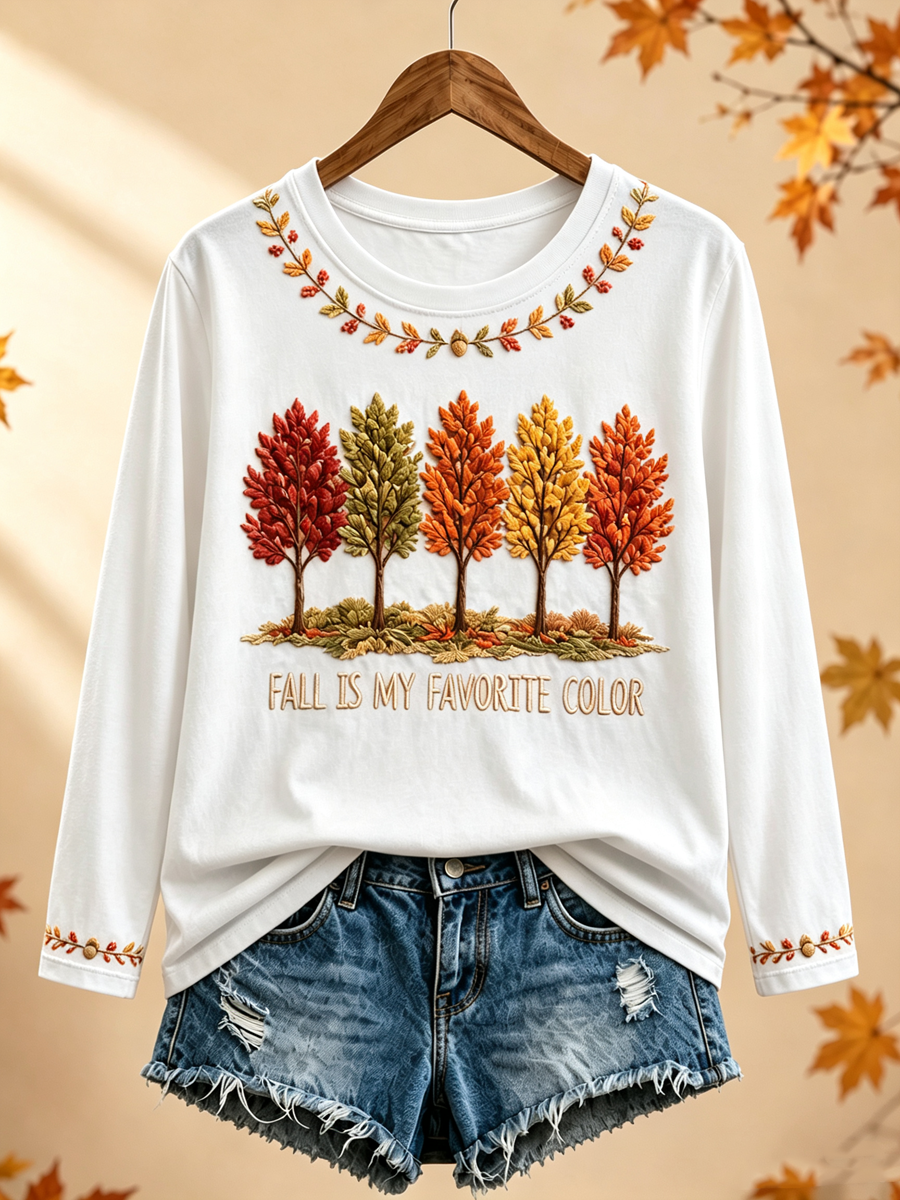 Women's Fall Is My Favorite Color Printed Round neck long sleeve T-shirt