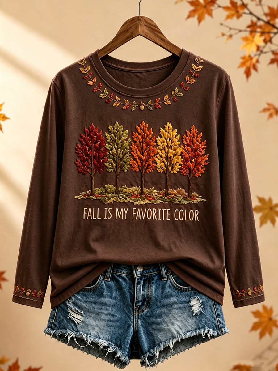 Women's Fall Is My Favorite Color Printed Round neck long sleeve T-shirt
