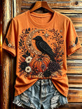 Women's Halloween Bead Raven And Pumpkin Art Print Short-sleeved T-shirt