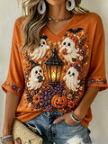 Women's Halloween Bead Ghosts And Pumpkins Art Print Mid-length Sleeves V-Neck T-Shirt