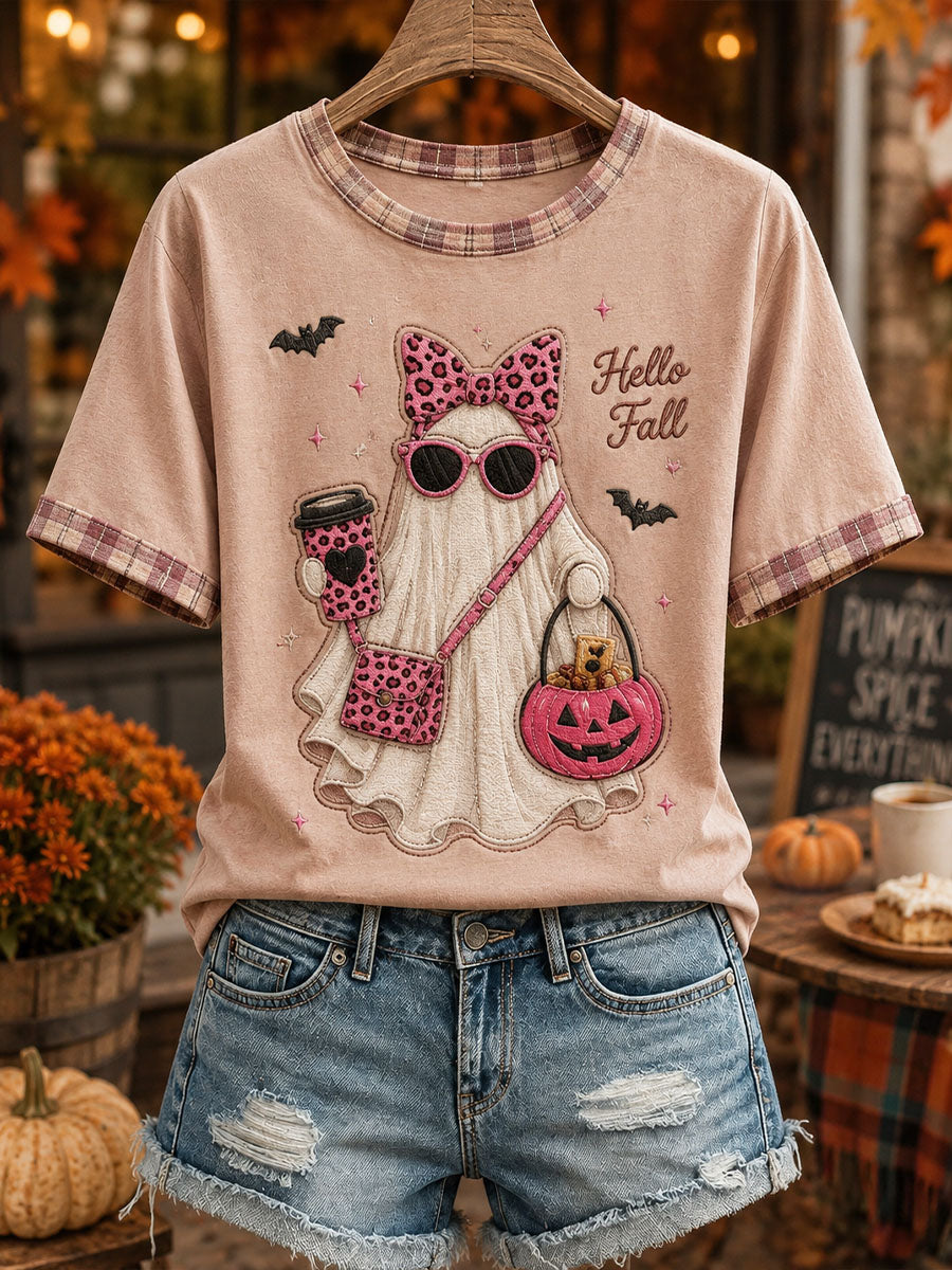 Women's Cute Ghost Plaid Patchwork T-Shirt