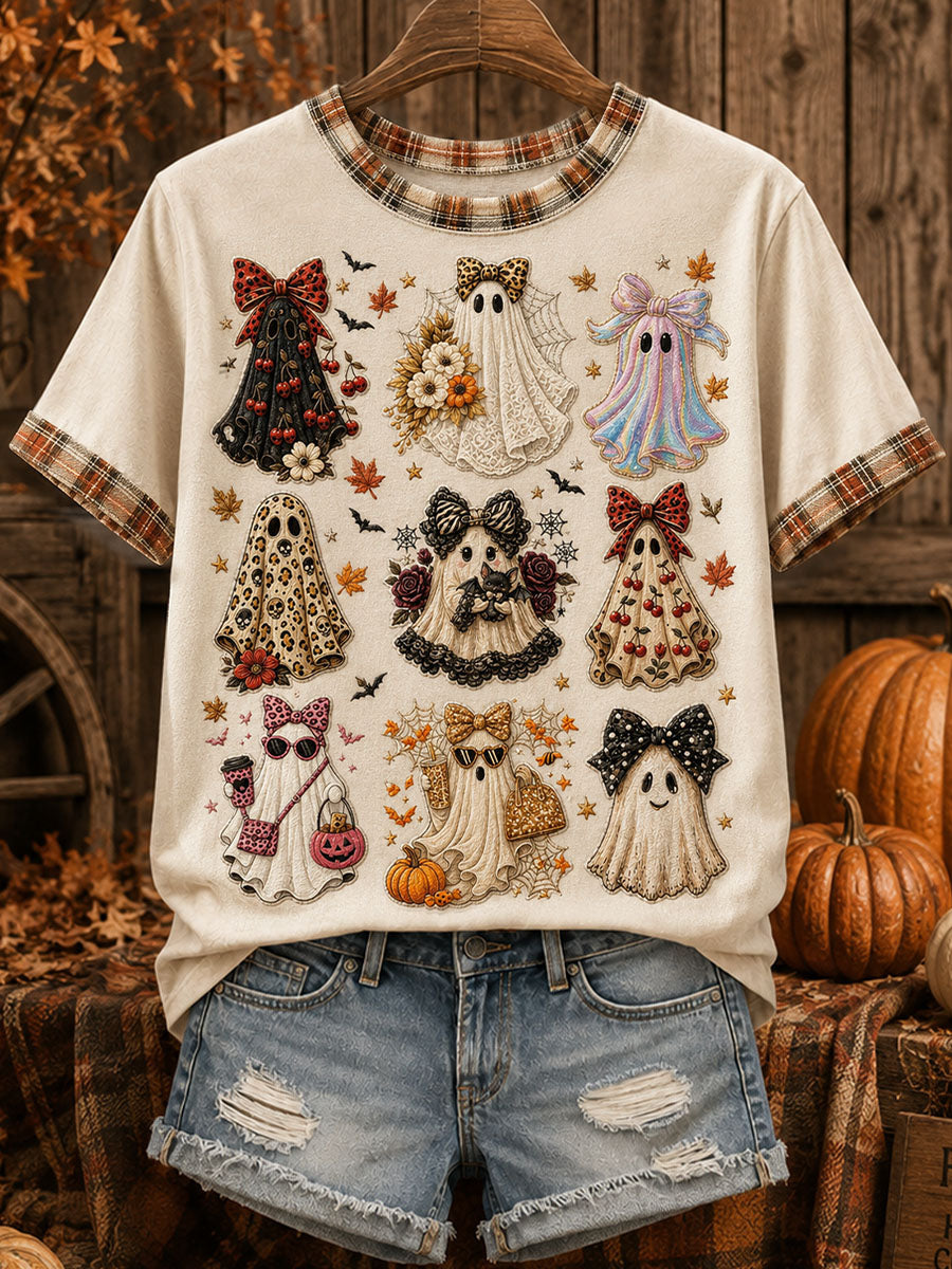Women's Cute Ghost Plaid Patchwork T-Shirt