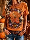 Women's Halloween Bead Cats And Pumpkins Art Print Short-sleeved T-shirt