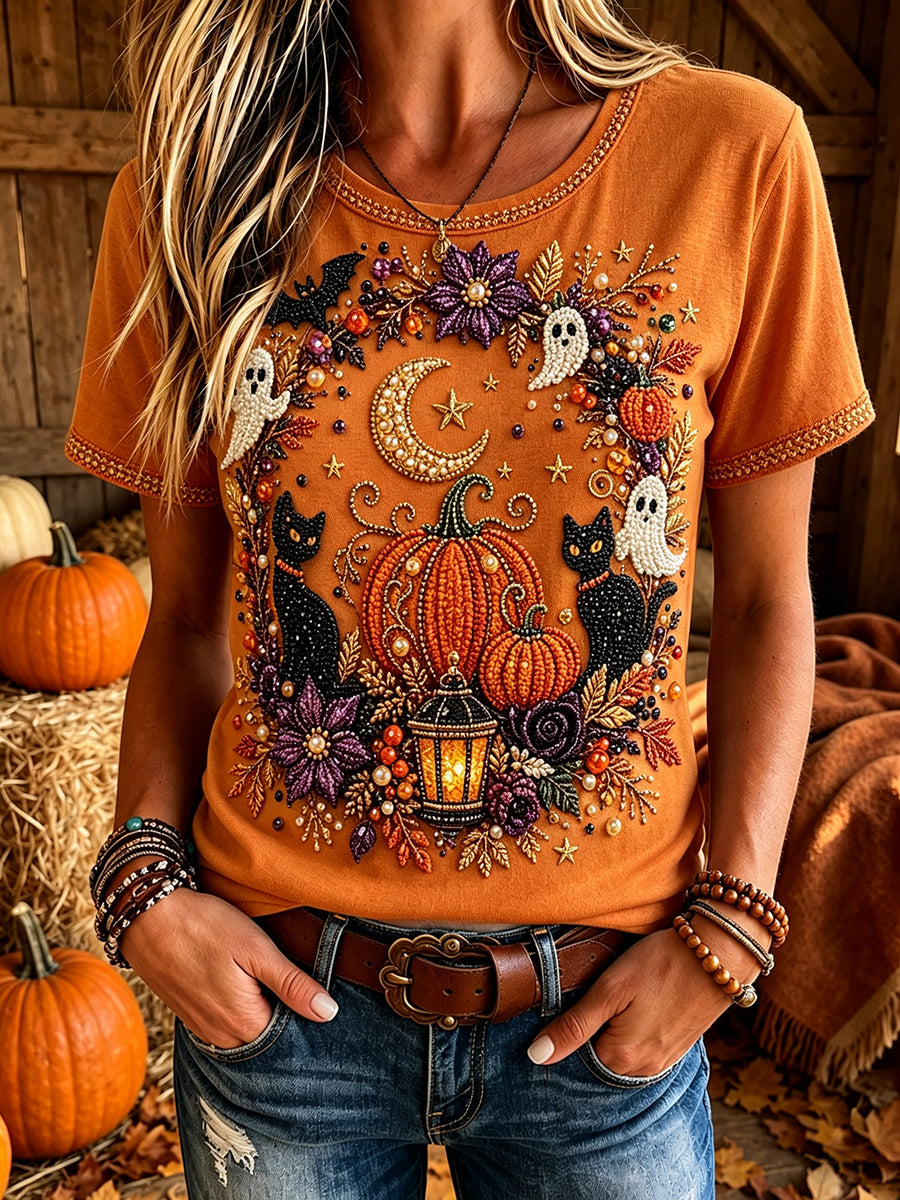 Women's Halloween Bead Cats And Pumpkins Art Print Short-sleeved T-shirt