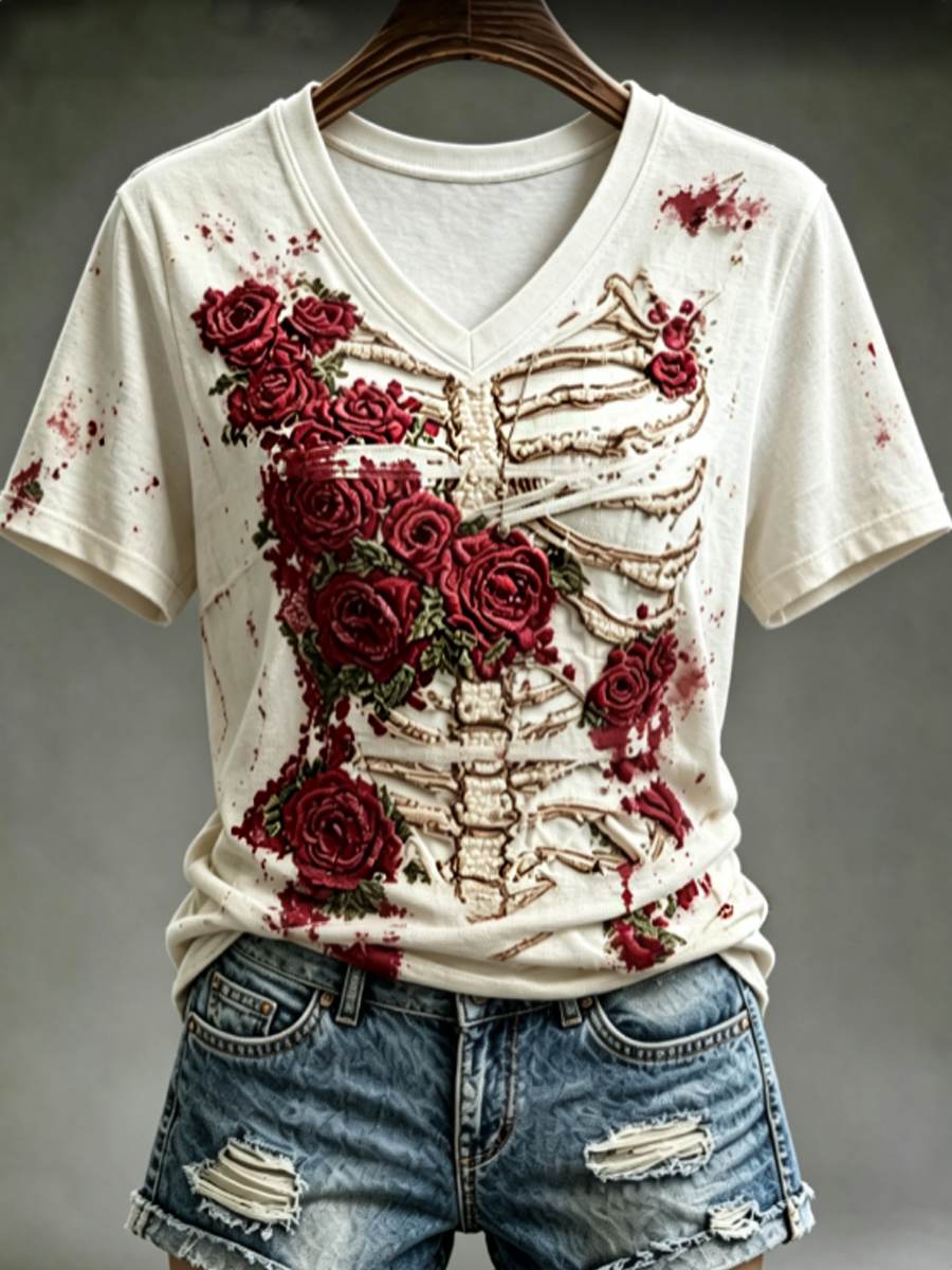 Women's Halloween Bloody Human Skeleton With Floral Art  short-sleeved T-shirt