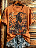 Women's Halloween Bead Witch And Pumpkins Art Print Short-sleeved T-shirt