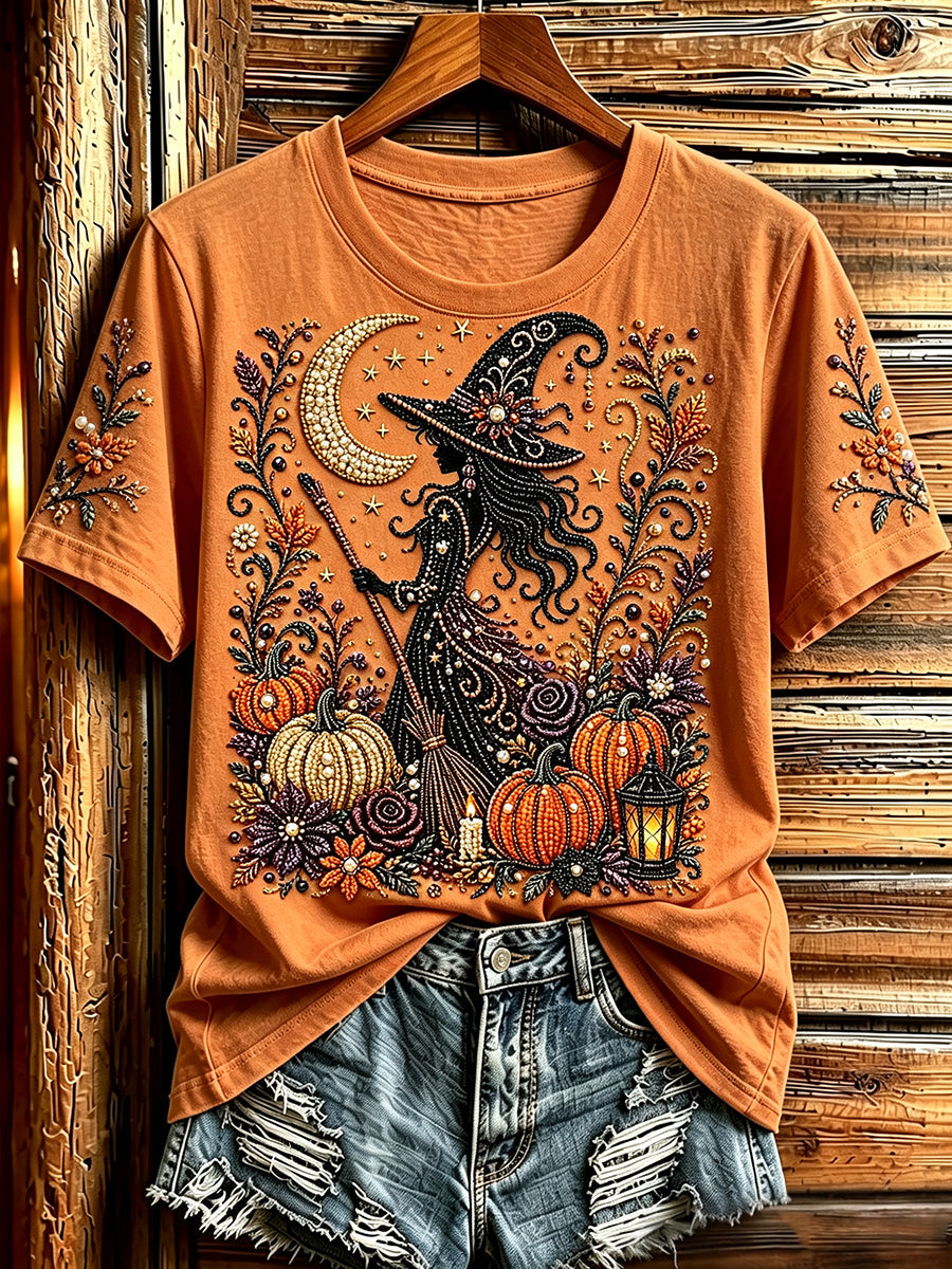 Women's Halloween Bead Witch And Pumpkins Art Print Short-sleeved T-shirt