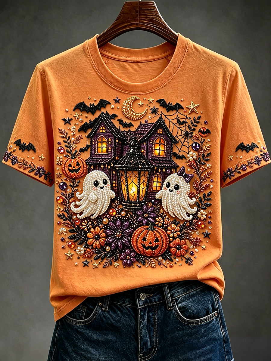 Women's Halloween Bead Ghosts And Pumpkins Art Print Short-sleeved T-shirt