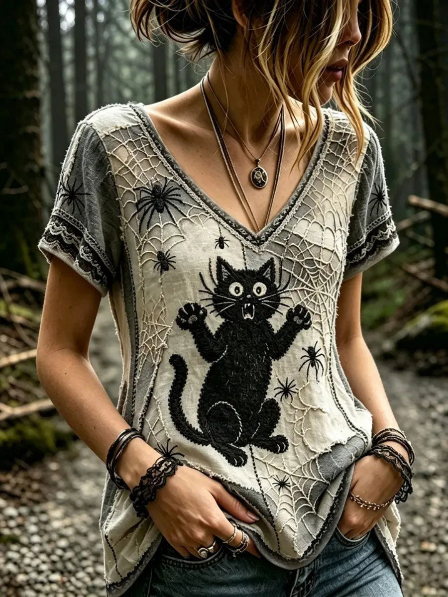 Women's Gothic Cat-themed Cotton Linen Shirt