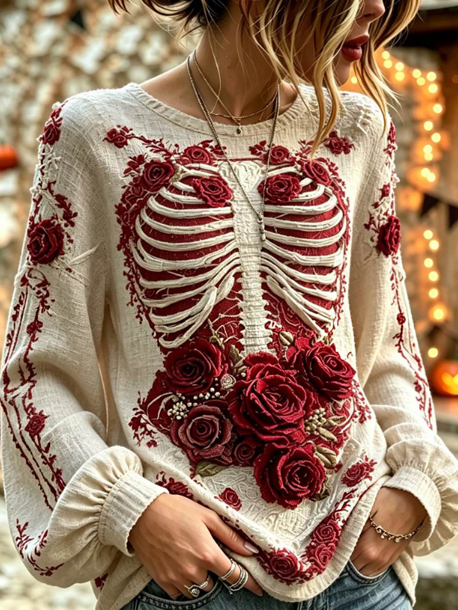 Women's Retro Halloween Bloody Human Skeleton With Floral Art Casual Long Sleeve Tops