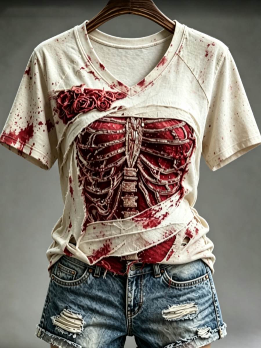 Women's Halloween Bloody Human Skeleton With Floral Art T-shirt