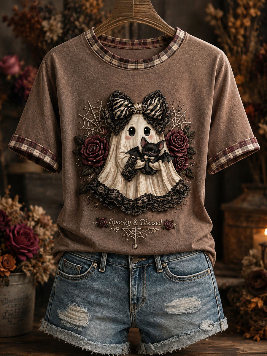 Women's Cute Ghost Plaid Patchwork T-Shirt