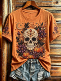 Women's Halloween Bead Skull And Pumpkins Art Print Short-sleeved T-shirt