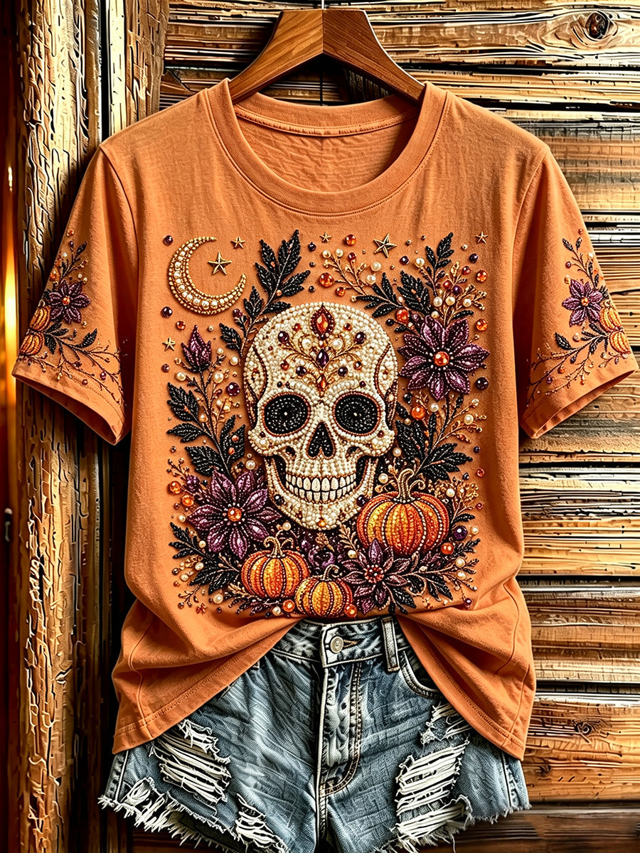 Women's Halloween Bead Skull And Pumpkins Art Print Short-sleeved T-shirt