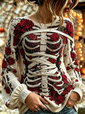 Women's Retro Halloween Bloody Human Skeleton With Floral Art Casual Long Sleeve Tops