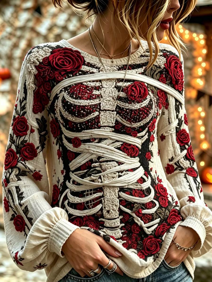 Women's Retro Halloween Bloody Human Skeleton With Floral Art Casual Long Sleeve Tops
