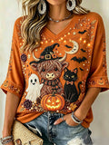 Women's Halloween Bead Highland Cow Ghost And Black Cat Print Mid-length Sleeves V-Neck T-Shirt