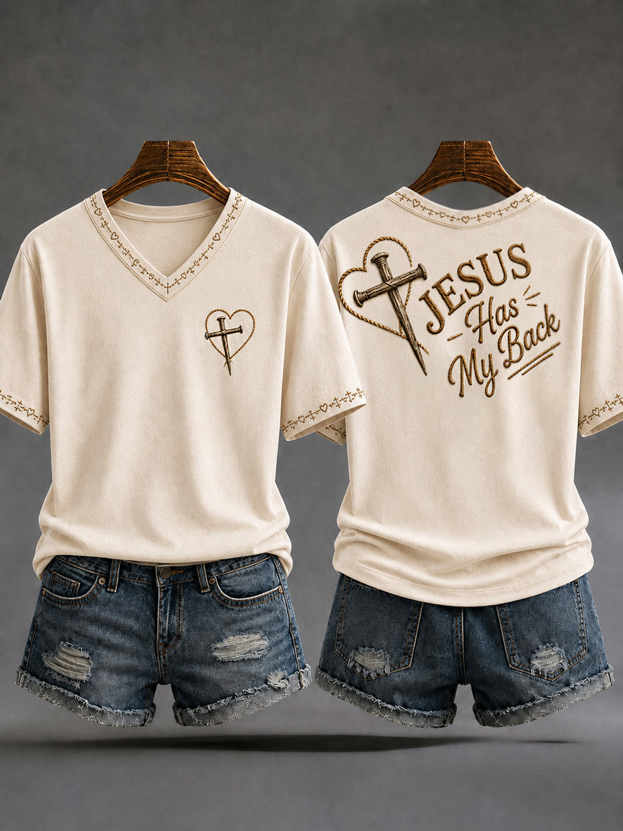 Women's Jesus Has My Back Christian Cross Print Casual V-Neck Tee