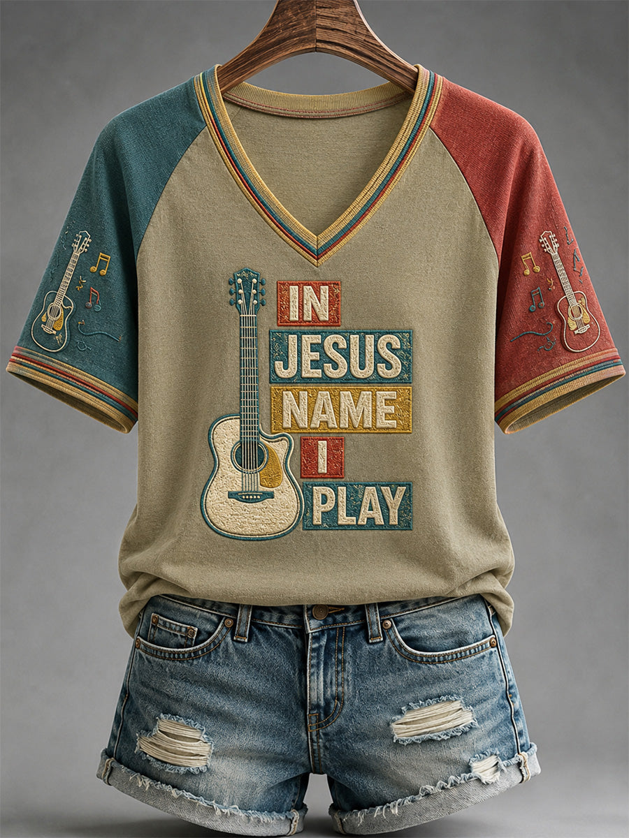 Women's In Jesus Name I Play Print Casual V-Neck Tee