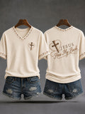 Women's Jesus Has My Back Christian Cross Print Casual V-Neck Tee