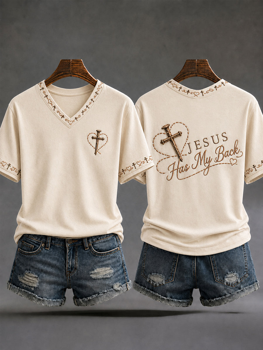 Women's Jesus Has My Back Christian Cross Print Casual V-Neck Tee