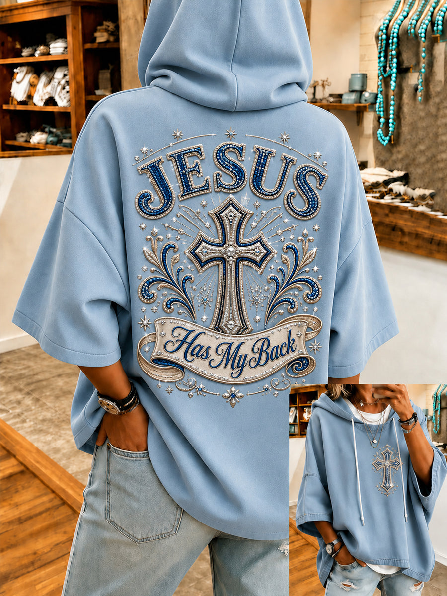 Women's Jesus Has My Back Christian Cross Print Casual Half-Sleeve Hoodie