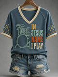 Women's In Jesus Name I Play Print Casual V-Neck Tee