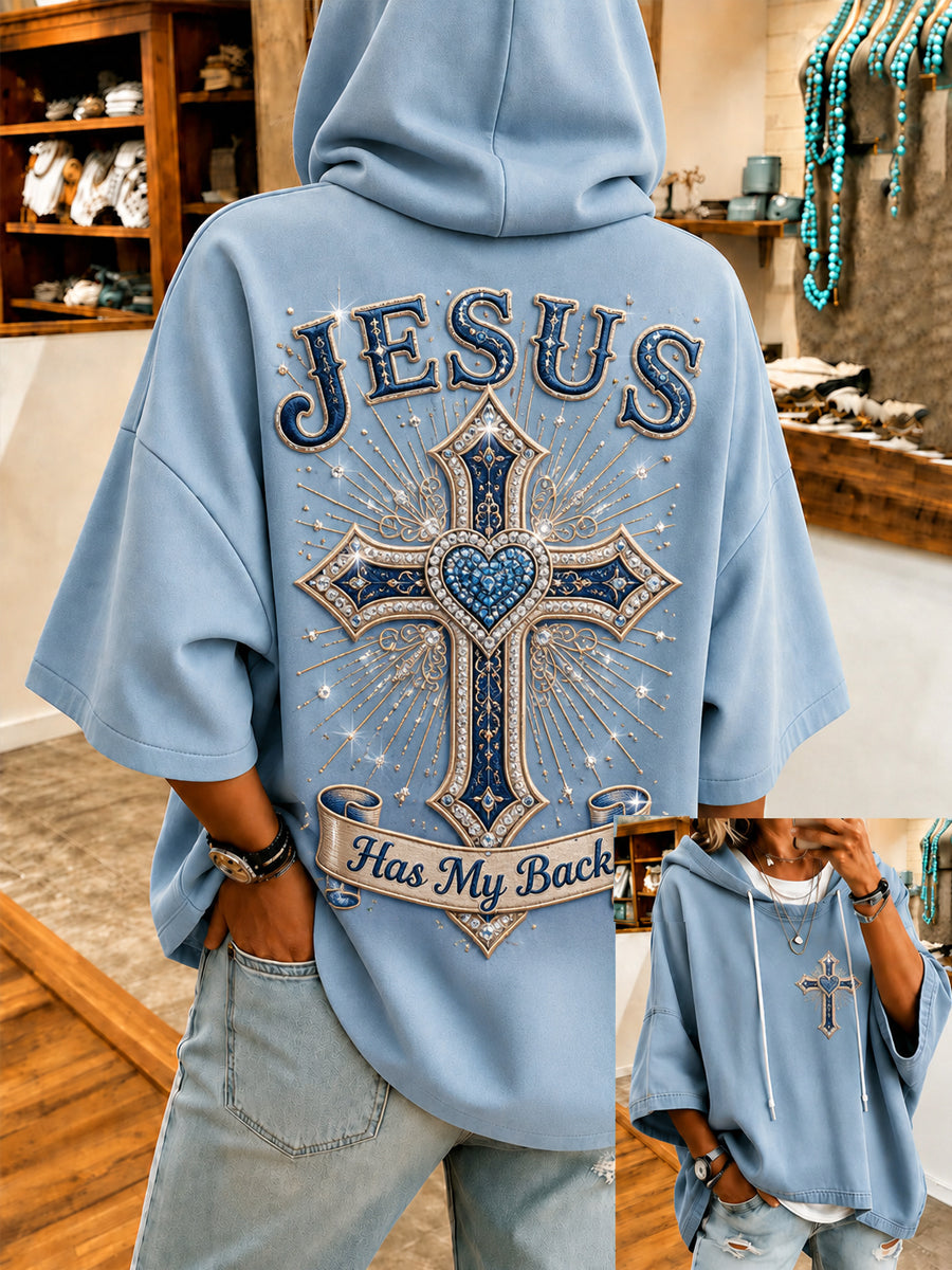 Women's Jesus Has My Back Christian Cross Print Casual Half-Sleeve Hoodie