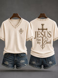 Women's Jesus Has My Back Christian Cross Print Casual V-Neck Tee