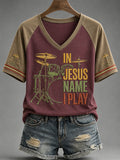 Women's In Jesus Name I Play Print Casual V-Neck Tee
