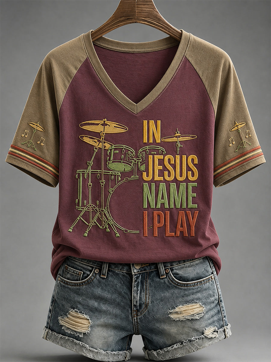 Women's In Jesus Name I Play Print Casual V-Neck Tee