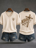Women's Jesus Has My Back Christian Cross Print Casual V-Neck Tee