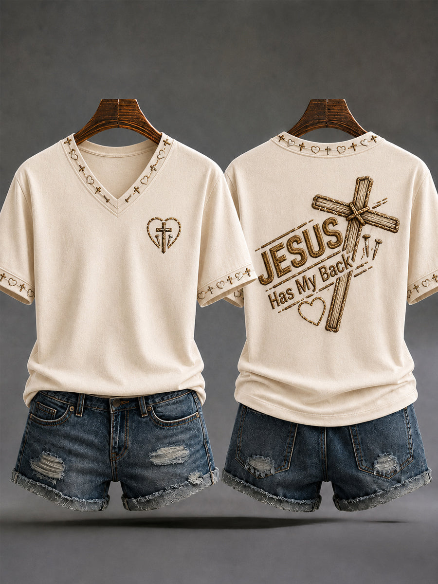 Women's Jesus Has My Back Christian Cross Print Casual V-Neck Tee