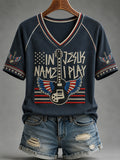 Women's In Jesus Name I Play Print Casual V-Neck Tee