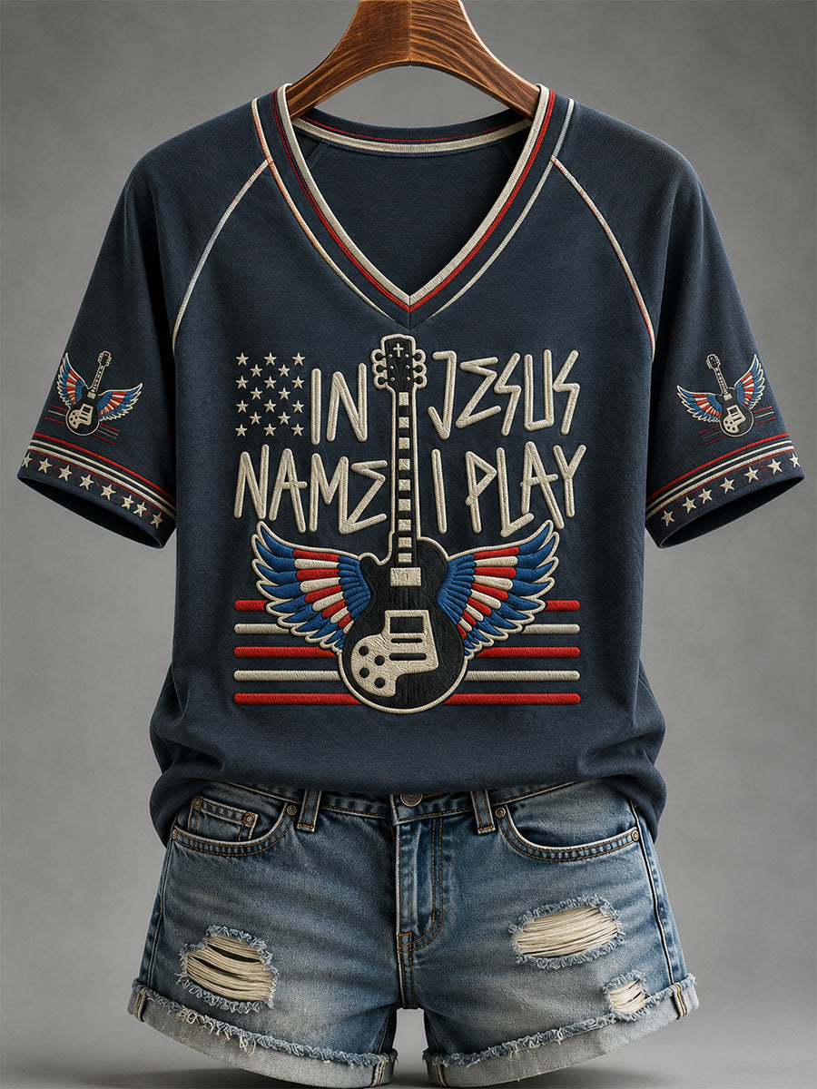 Women's In Jesus Name I Play Print Casual V-Neck Tee