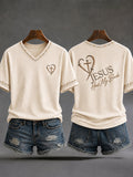 Women's Jesus Has My Back Christian Cross Print Casual V-Neck Tee