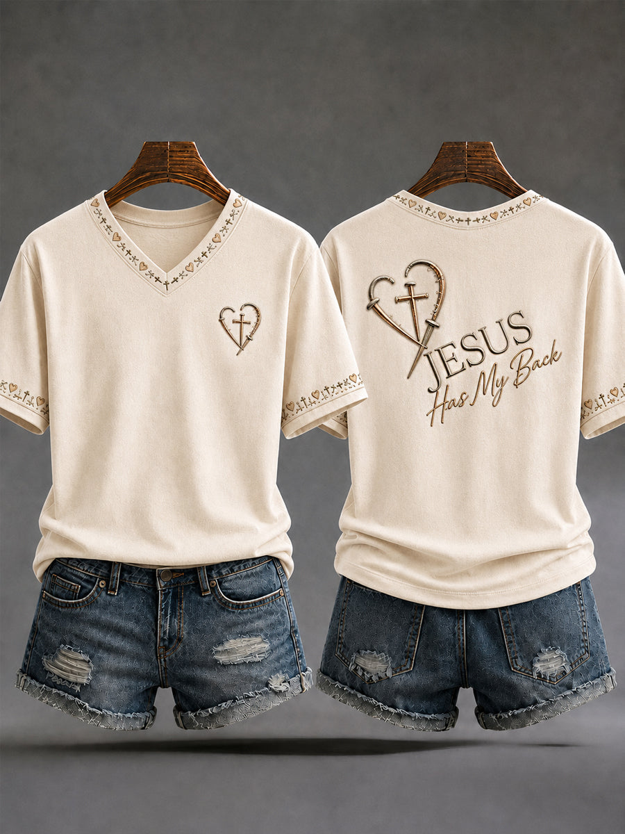 Women's Jesus Has My Back Christian Cross Print Casual V-Neck Tee