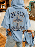 Women's Jesus Has My Back Christian Cross Print Casual Half-Sleeve Hoodie