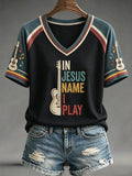 Women's In Jesus Name I Play Print Casual V-Neck Tee