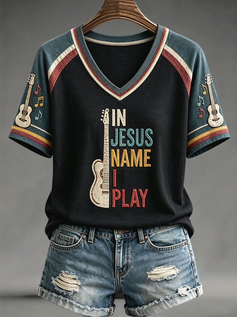 Women's In Jesus Name I Play Print Casual V-Neck Tee