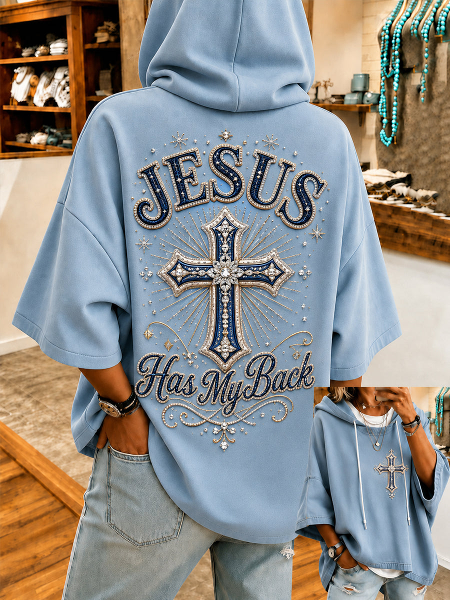 Women's Jesus Has My Back Christian Cross Print Casual Half-Sleeve Hoodie