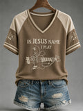 Women's In Jesus Name I Play Print Casual V-Neck Tee
