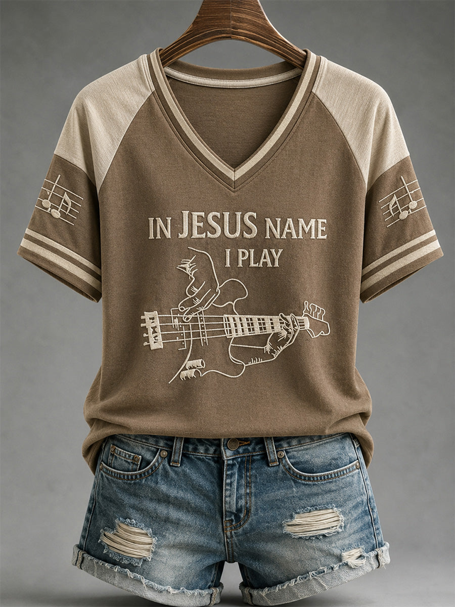 Women's In Jesus Name I Play Print Casual V-Neck Tee