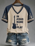 Women's In Jesus Name I Play Print Casual V-Neck Tee