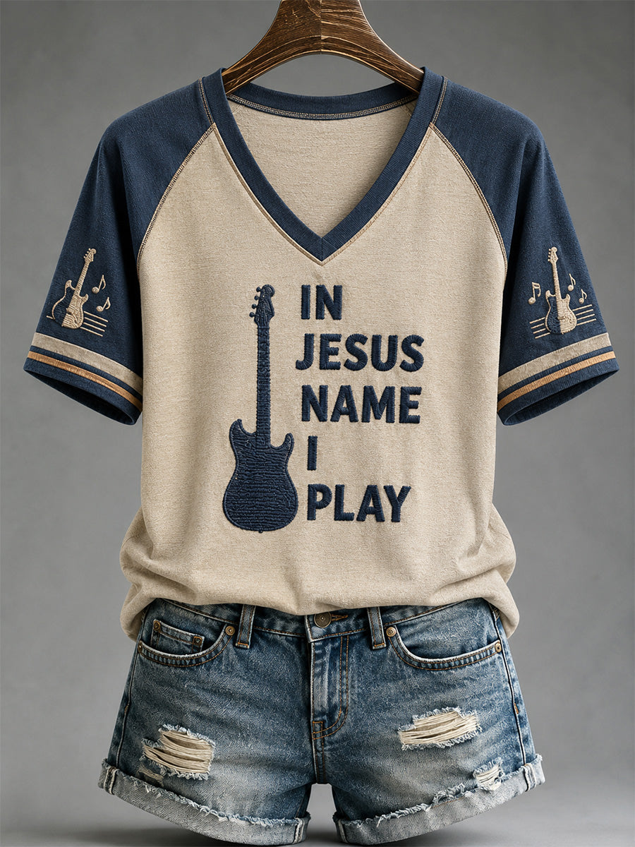 Women's In Jesus Name I Play Print Casual V-Neck Tee