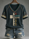 Women's In Jesus Name I Play Print Casual V-Neck Tee