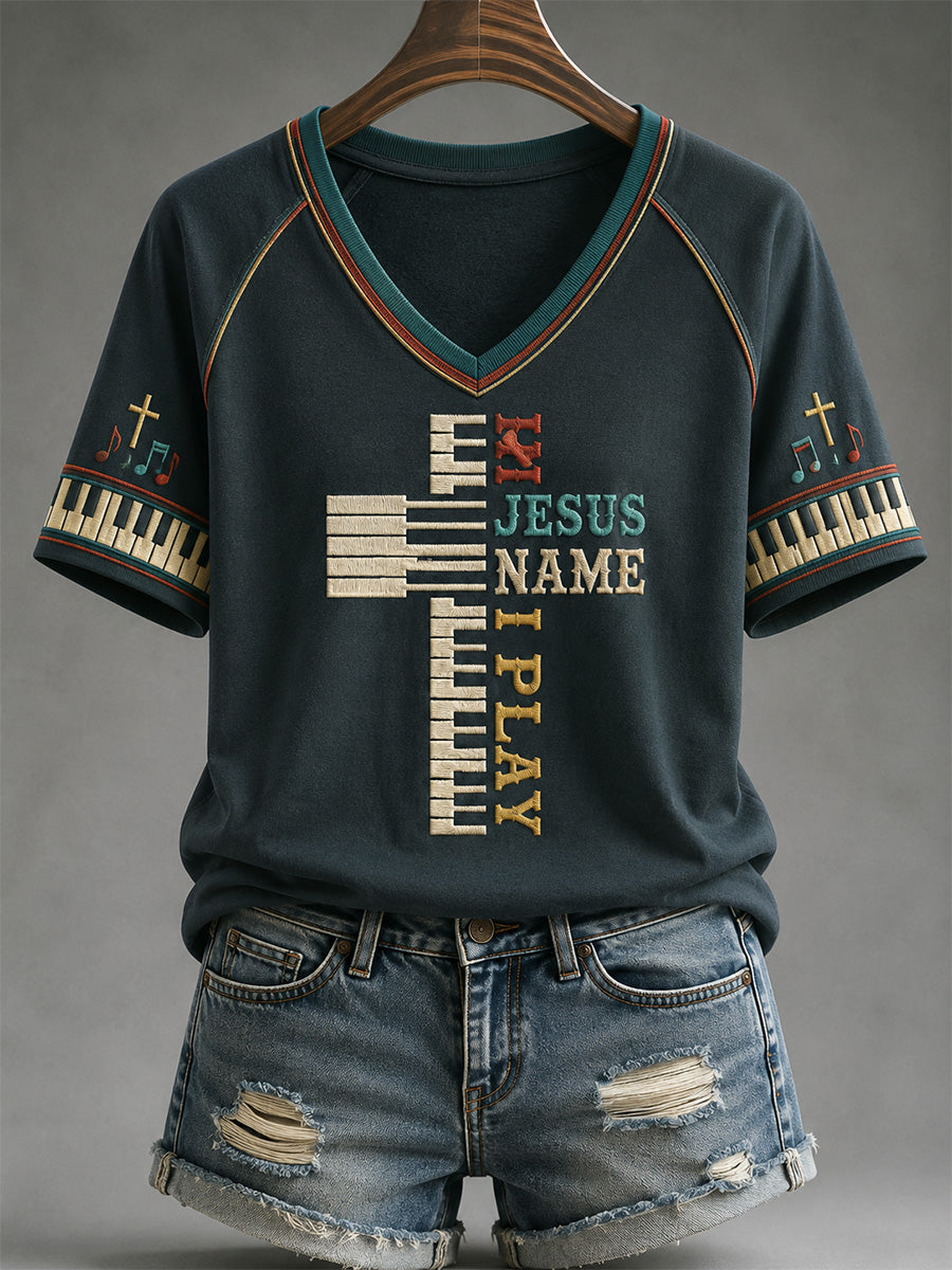 Women's In Jesus Name I Play Print Casual V-Neck Tee